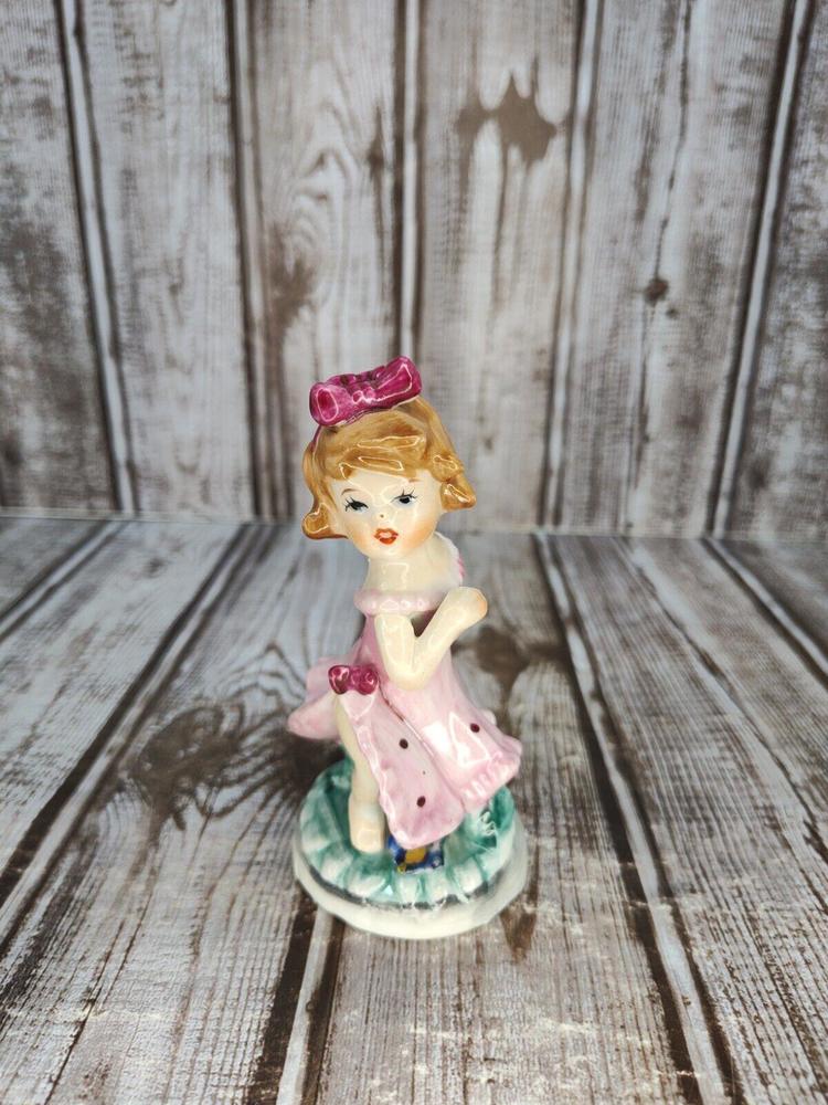 Vintage ENESCO Korea Girl Figurine Pink polka dot Dress with bows RARE